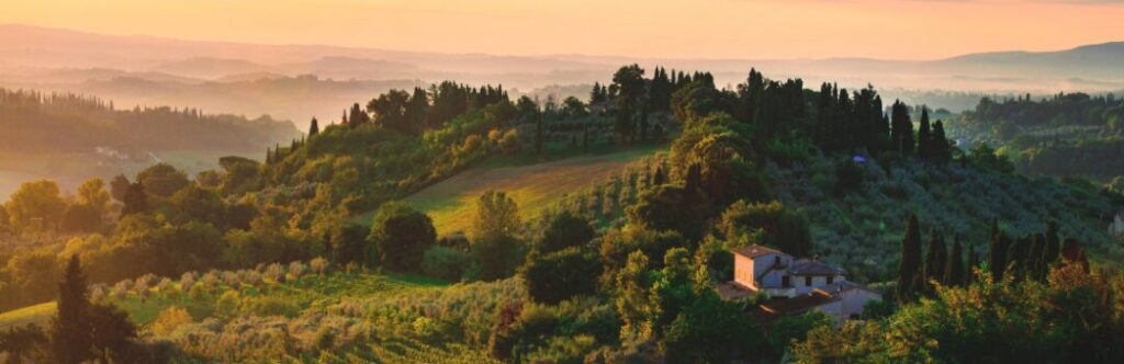 Viñedos ondulados en la Toscana al atardecer, con cipreses, colinas doradas y una villa rústica al fondo.